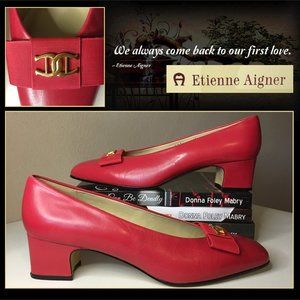 1980s ETIENNE AIGNER Red Leather "Fiesta" Block Heel Pumps